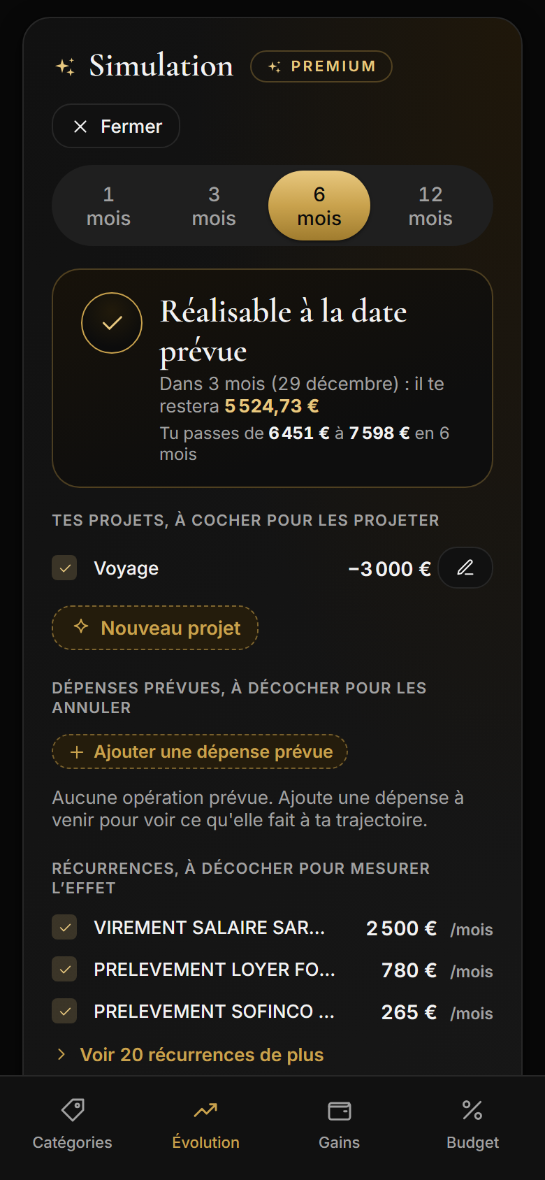 Studio de simulation de What In My Pocket sur téléphone : verdict « Réalisable à la date prévue », projet Voyage à 3 000 €, récurrences, barre d’onglets en bas